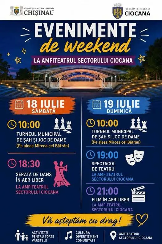 📣 Pretura sectorului Ciocana și Primăria municipiului Chișinău vă invită să petreceți un weekend plin de activități recreative și culturale la Amfiteatrul sectorului Ciocana!