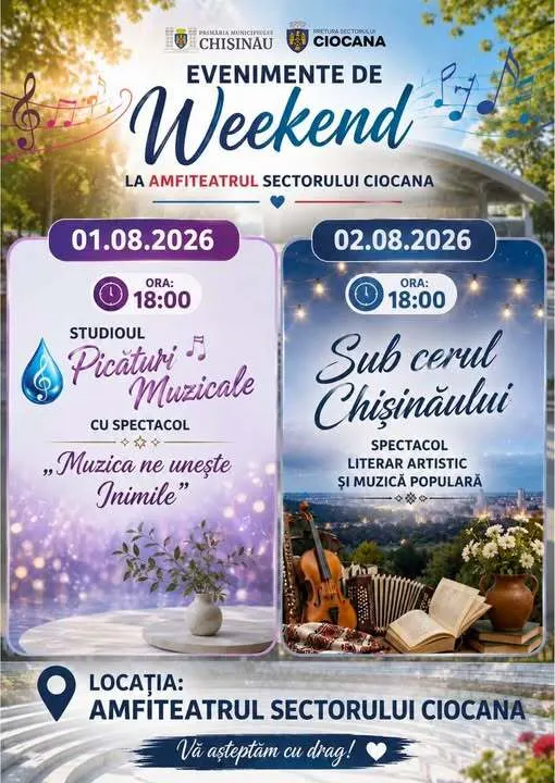 În acest weekend, vă invităm să petrecem împreună două seri deosebite la Amfiteatrul sectorului Ciocana, unde muzica, literatura și tradițiile vor crea o atmosferă plină de emoție și voie bună.
