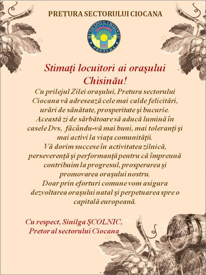 Felicitări cu ocazia Zilei oraşului Chişinău.