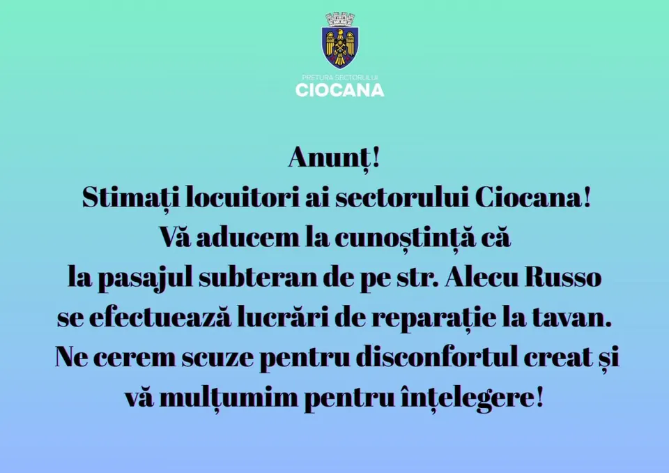 Reparația tavanului la pasajul subteran de pe str. Alecu Russo